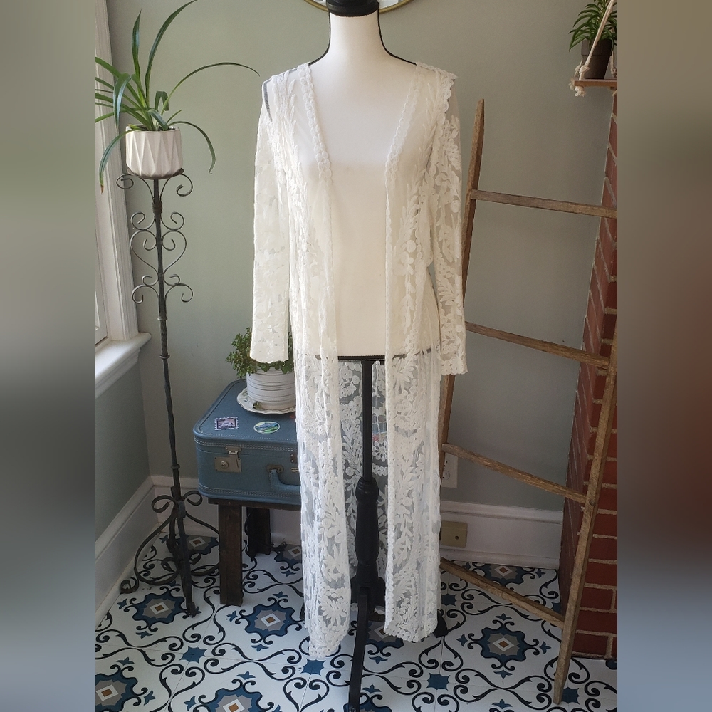 Before You Collection Ivory Lace Open Front Long Duster Size L